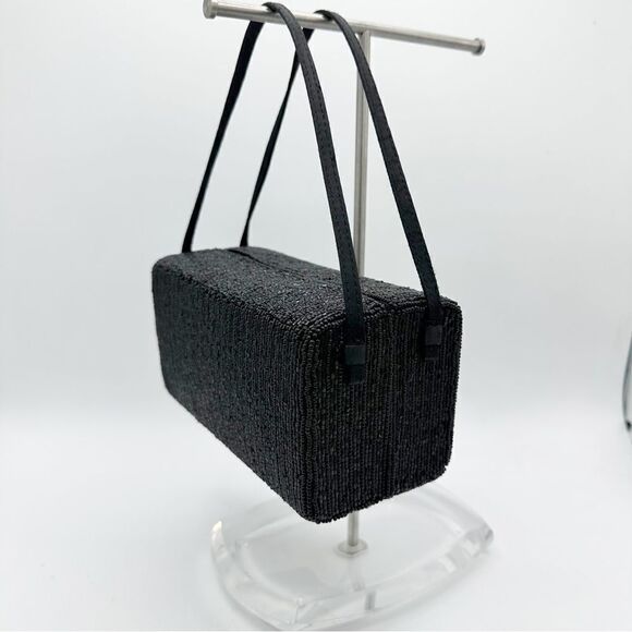 La Regale Vintage Black Beaded‎ Rectangle Box w/Double Satin Handles Unique - Picture 1 of 12